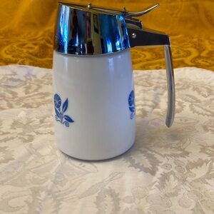 Vintage Syrup/Creamer Milk Glass Dispenser Blue Flower Santa Barbara California.